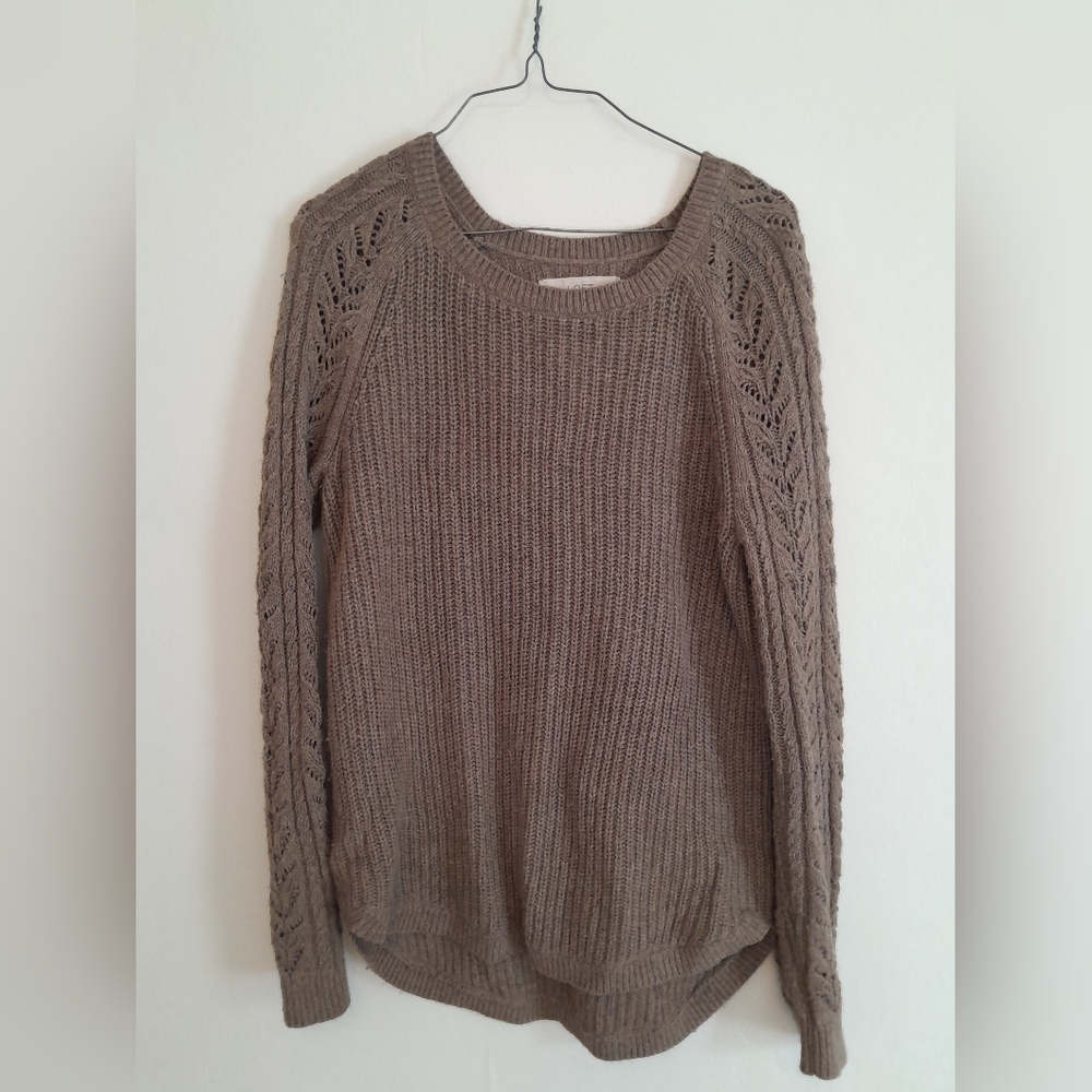 LOFT Brown Crew Neck Sweater with Cable Knit Detail